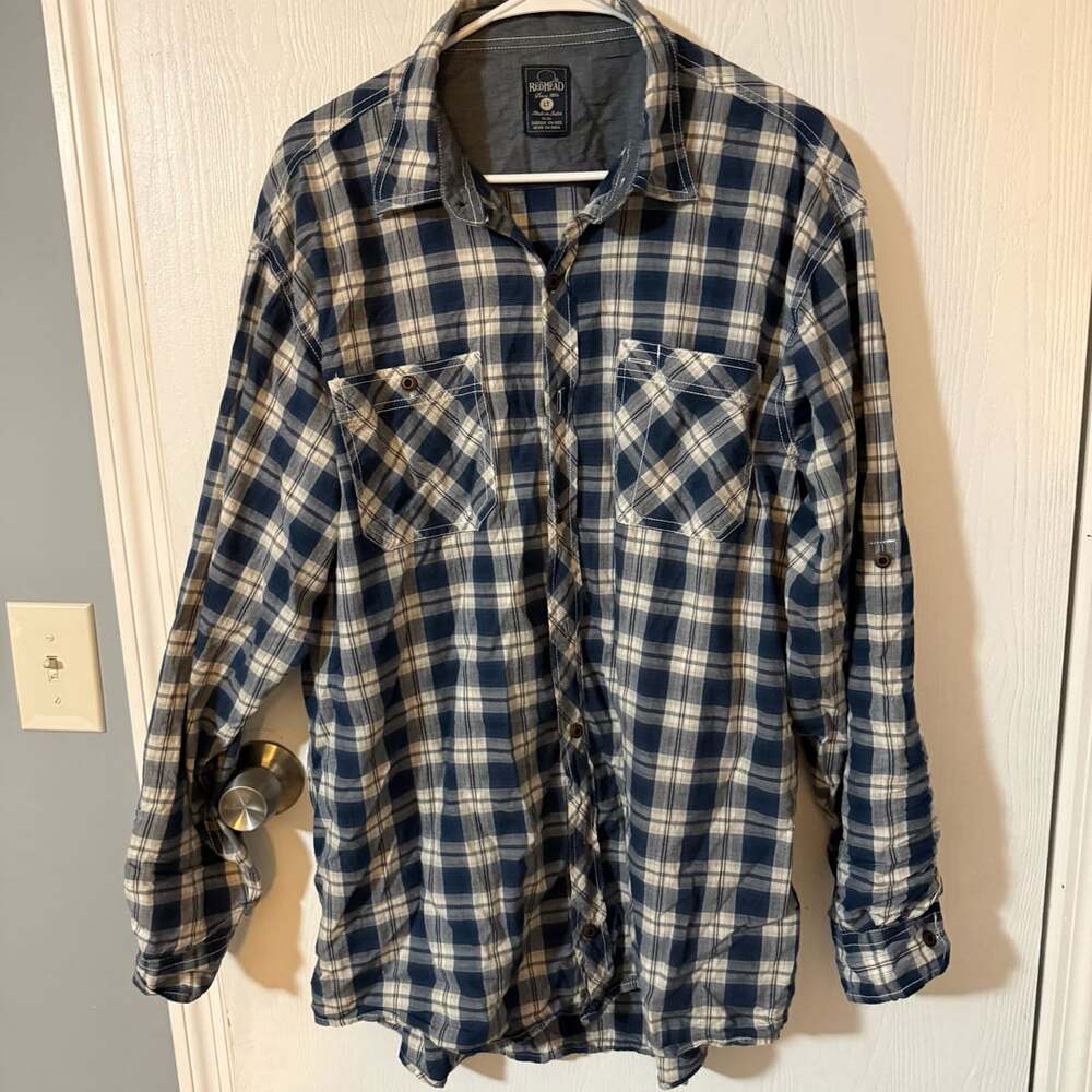 RedHead Long Sleeve Plaid Button Up Shirt Size LT Blue White